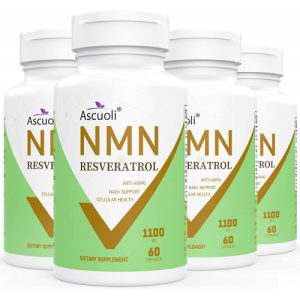 NMN - Mononucleotídeo de Nicotinamida e Suplemento de Resveratrol, - Ascuoli - 1100mg, 60 cápsulas - 4 FRASCOS