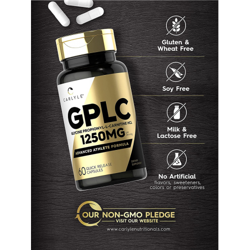 GPLC 1250 mg 60 cpsulas | No-OGM, Sem Glten | Glicina Propionil-L-Carnitina HCL | Suplemento de maior potncia | por Carlyle