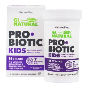 Probiotico Kids GI Natural, sabor delicioso de frutas vermelhas, Nature's Plus, 7 bilhões de UFC, 30 mastigáveis