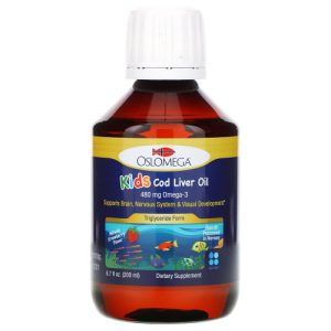 Oslomega, óleo de fígado de bacalhau noruegues para crianças, sabor natural de morango, 480 mg, 200 ml