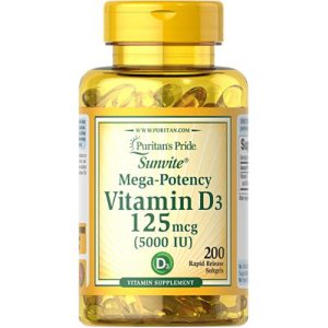 Vitamina D3 5.000 UI, suporte ao sistema imunológico e ossos e dentes saudáveis, Puritan's Pride, 200 cápsulas