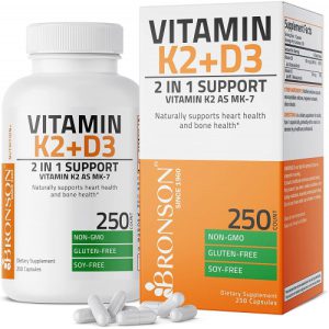 Vitamin K2+D3 2 IN 1 Support Vitamin K2 AS MK-7, Bronson, 250 Cápsulas