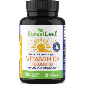 Suplemento Bi-Diário de Vitamina D3 10.000 UI, Dentes e Suporte Imunológico, ForestLeaf, 180 Cápsulas