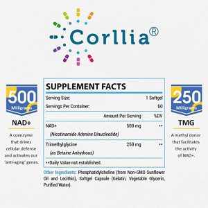 Lipossomal NAD+ com TMG, Corllia, 750mg, 60 cápsulas