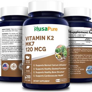 Vitamin K2/MK-7 120mcg - 200 cápsulas vegetais (100% vegetarianas, e sem glúten) - Nusa Pure