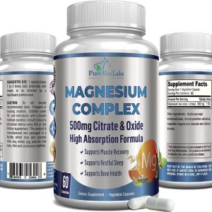 Complexo Citrato de Magnésio de Alta Absorção 500mg Citrato e Óxido de Magnésio - Suporta Sono Calmo, Alívio de Cãibras Musculares, Recuperação Muscular, Dentes e Ossos Saudáveis, Não-GMO - 60 Cápsulas Vegetais