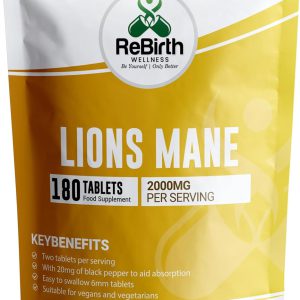 Juba de Leão com Pimenta Preta, Fabricado no Reino Unido, Poderoso Suplemento de Cogumelo, Rebirth Wellness, 2000mg, 180 Comprimidos Veganos Fáceis de Engolir