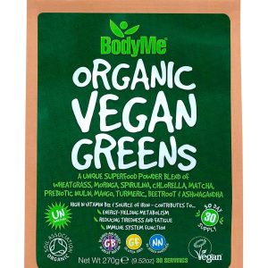 Pó Orgânico Vegano Verde, Mistura Super Food Greens, com agropiros, moringa, espirulina, chlorela, matcha, Inulina, prebióticos, BodyMe, 270g