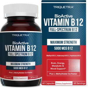 Vitamina B-12 contém 3 Formas bioativas de B12 Mais o Cofator Metilfolato, Metilcobalamina B12, Adenosilcobalamina B12 e Hidroxocobalamina B12, Suporta Energia, Metabolismo e Humor | Vegano, Não-OGM, Triquetra, 60 Porções