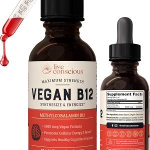 Gotas líquidas sublinguais de vitamina B12 vegana da Live Conscious, Fórmula de metilcobalamina com força máxima de B12, 5000 mcg, 60 porções