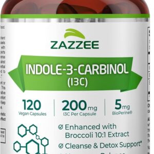 Indole-3-Carbinol (I3C) Zazzee 200 mg com BioPerine - Suplemento Vegano para Saúde Hormonal