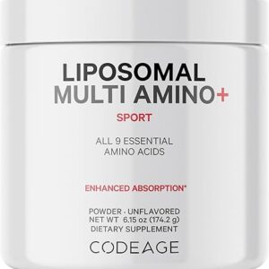 Codeage Liposomal Multi Amino Powder 6.15 oz - Suplemento Completo com Todos os 9 Aminoácidos Essenciais para Performance