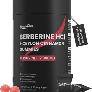 Gomas de Berberina HCl YadaVeela 120 Gummies - Suporte ao Metabolismo Vegan com Canela e Melão Amargo