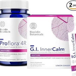 Pacote de Suporte Intestinal Biocidin Research GI InnerCalm & ProFlora 4R - Bebida Sabor Limão e Gengibre para Saúde Digestiva