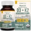 Organic Plant D3 + K2 - Suplemento Vegano com 5000 IU de D3 e 120 mcg de K2 para Saúde Óssea